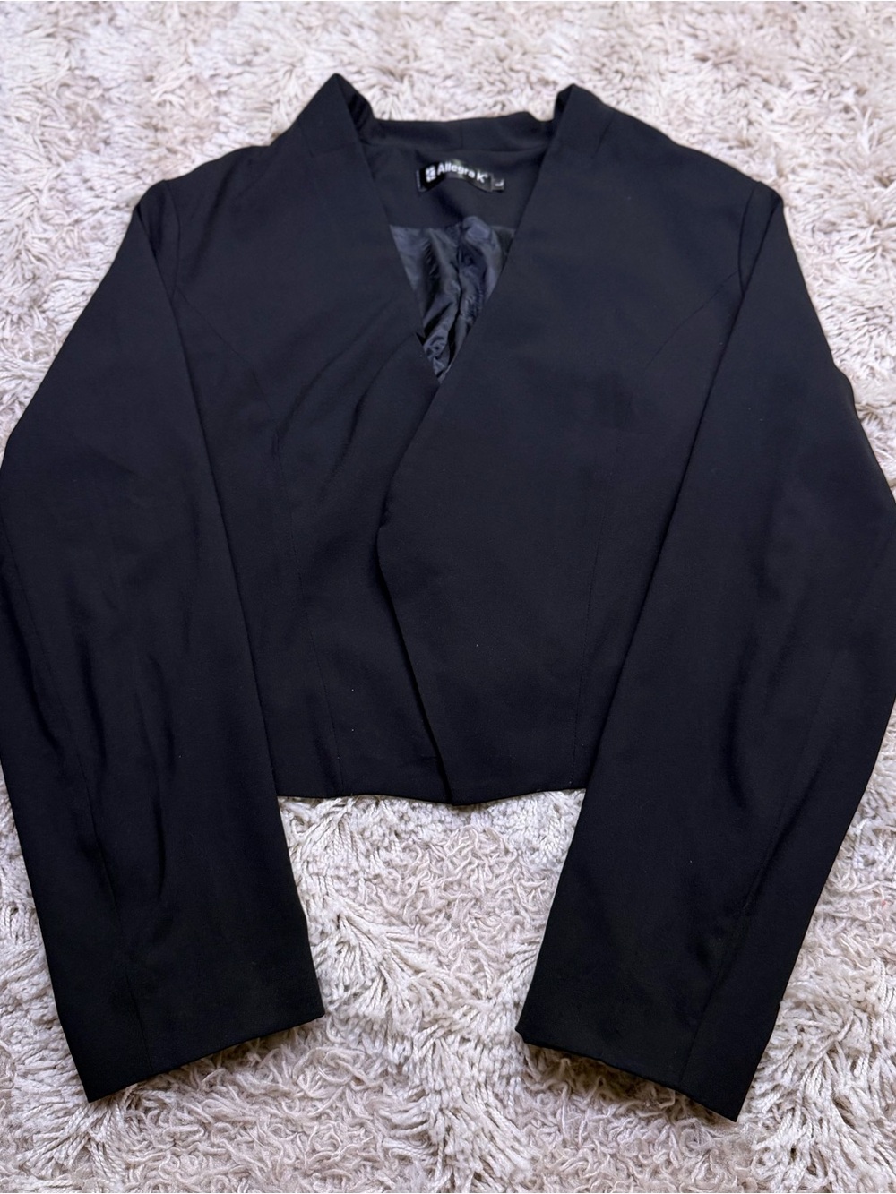 Allegra K Black Cropped Collarless Open Front Blazer Women L Work Office
